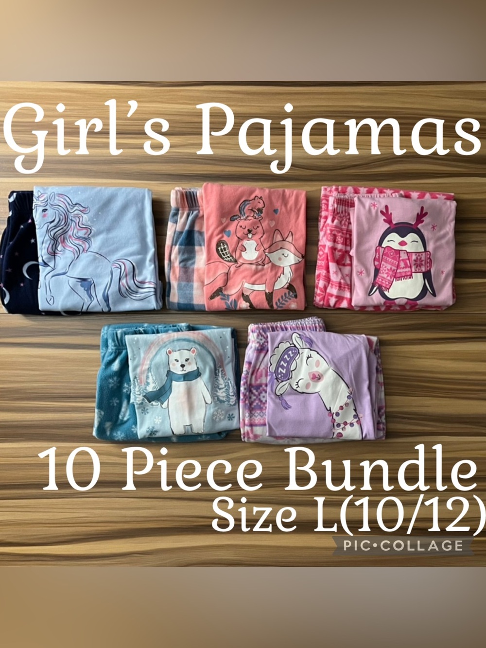 Girls Clothes Cuddl Duds 10 Piece Bundle Fleece Pajamas Sets Size L(10/12)